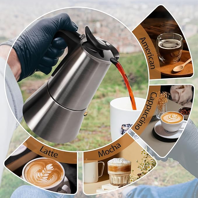 Vaolvpant Electric Stainless Steel Moka Pot 6 Cup 300ml Mocha Pot Espresso Maker with Detachable Base Ideal Coffee Maker for Home Italian and Cuban Café Coffee maker Espresso maker Coffee Pot