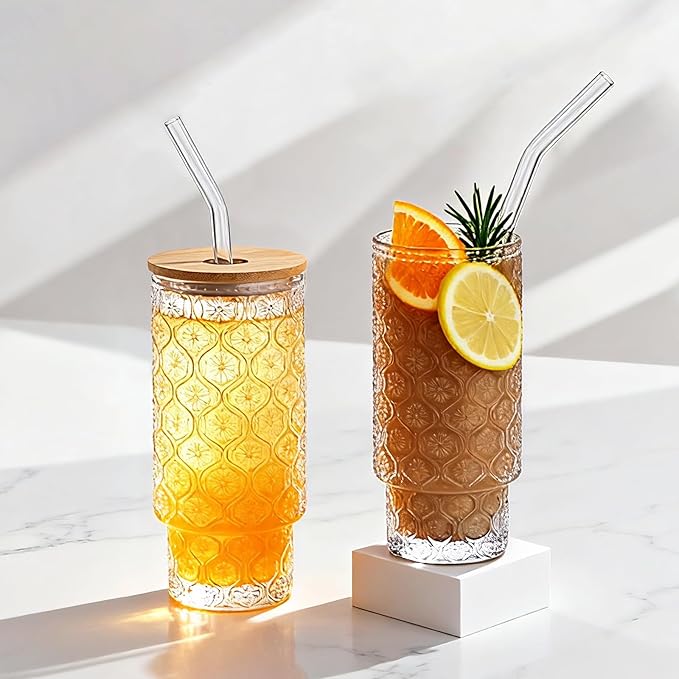Vintage Glass Cups With Bamboo Lids And Straws 16 Oz,Vintage Tumbler Embossed Floral Glass Cups Set For Whiskey Cocktail, Beer, Iced Coffee Cups, 2pack