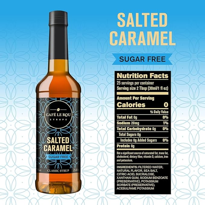 NEW Café Le Rou Coffee Syrup Sugar Free Salted Caramel, 25.4oz (Pack of 2)*Includes 2 Coffee Syrup Pumps*, Cafe Coffee Flavoring Syrup for Coffee, Tea, and Espresso