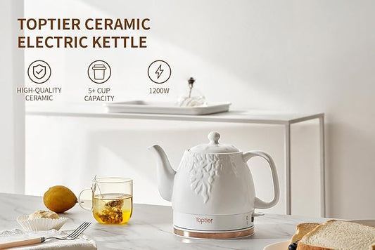 Toptier Electric Ceramic Tea Kettle, Boil Water Quickly and Easily, Detachable Swivel Base & Boil Dry Protection, Carefree Auto Shut Off, 1 L, White Leaf