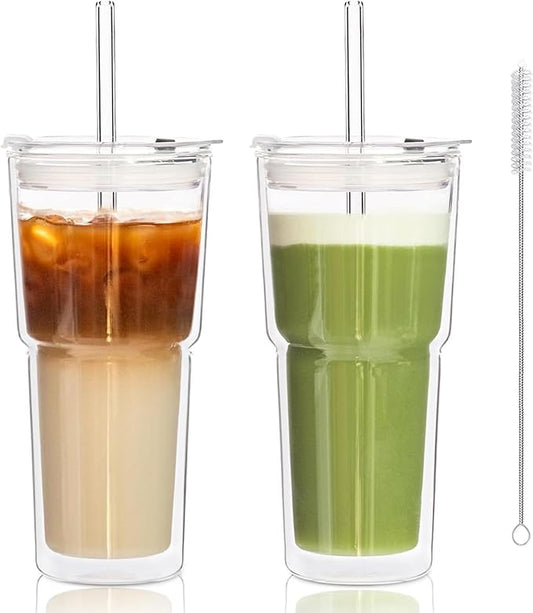 KEMORELA 2PCS 20oz Double Wall Glass Tumblers with Lids and Straws – Insulated Borosilicate Glass Matcha Cups for Iced Matcha Latte, Smoothies, Reusable Travel Glass Cups – Leak Proof 2-in-1 Lid