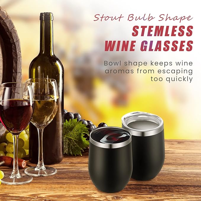 6 Pack Stainless Steel Wine Tumblers 12 oz Insulated Vacuum Wine Cup Set Double Wall Stainless Steel Stemless Mug Glasses for Coffee Soda Whiskey Outdoor Travel (Black)