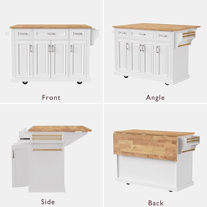 Yayzy Rolling Kitchen Island with Drop Leaf, 3 Drawers & 4 Cabinet Doors, 54” Mobile Kitchen Cart with Rubberwood Top, Side Storage Racks & Locking Wheels for Dining Room & Kitchen, White