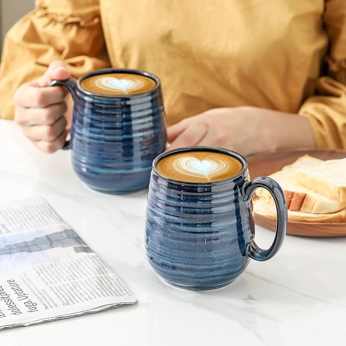 HASENSE Large Coffee Mugs Set of 2, Porcelain 20 oz Coffee Cups for Office and Home, Modern Coffee Mug with Big Handle for Latte Coffee Tea Soup as Friend Gifts, Dishwasher and Microwave Safe, (Blue)
