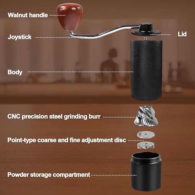 Manual Coffee Grinder Non-Detachable Stainless Steel Conical Burr Aluminum Coffee Bean Grinder with 25 Grinding Settings Cleaning Brush Grindable Espresso Moka Pot French Press for Camping Black