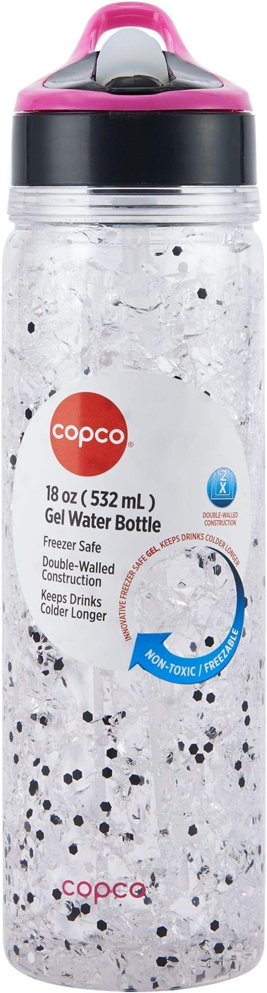 Copco 18 oz Double Wall Tritan Freezable Water Bottle with Crackle Gel - BPA-Free, Leak-Proof Flip-Top Lid, Easy Carry Loop - Keeps Drinks Cold Longer for Travel, Sports, Outdoor Use (White Glitter)