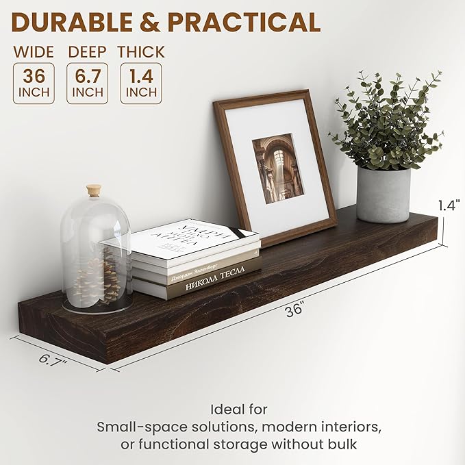 Fun Memories Wood Floating Shelves 36 Inch Long, Solid Elm Wood Wall Shelves Set of 2 for Kitchen, Living Room, Bedroom, Wall-Mounted Rustic Wooden Bathroom Shelf Storage Shelf for Farmhouse, Walnut