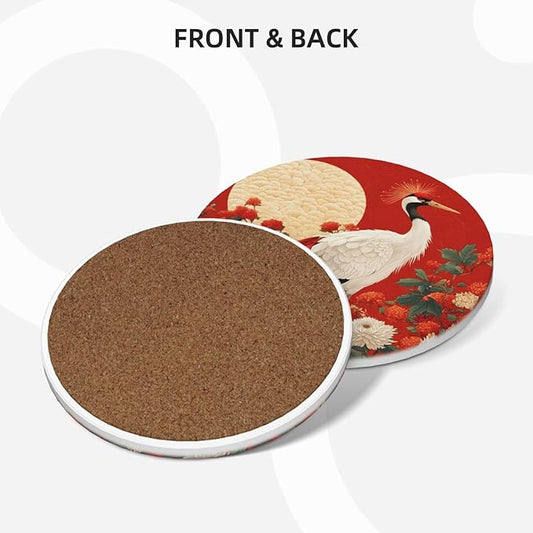 Crane Bird Flower Painting Coasters for Drinks Absorbent Round Ceramic Coasters Set of 4 Non-Slip Cup Coaster with Cork Base for Coffee Table Drink Home Decor Tabletop Protection