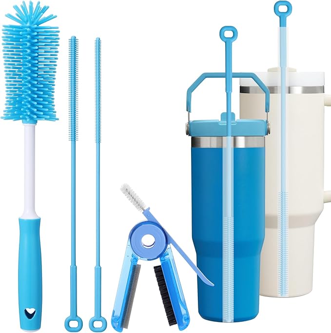 XANGNIER 4 PCS Water Bottle Cleaner Brush Set for Stanley Tumbler 40 oz/30 oz/20 oz Cup,Multifunctional Bottle Brush and Long Silicone Straw Cleaner Brush,Cleaning Kit for Owala/Yeti Cup Accessories