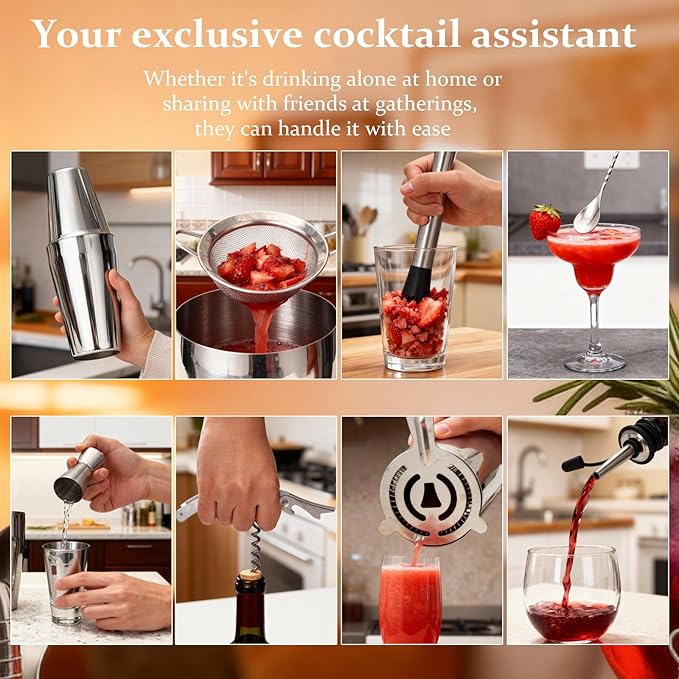JUSTDOMI 26-Piece Stainless Steel Bar Tool Set Bartender Accessories, Cocktail Shaker Set Bartender Kit with Stand, Cocktails Kit with Muddler for Bar Accessories, Home, Party Cafe Drinks-Style 1