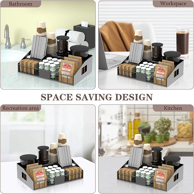 Metal Coffee Station Organizer for Countertop - Coffee Bar Organizer with Designable DIY Logo, K Cup Pods Holder & Tea Condiment Storage - Rustic Breakroom Kitchen Decor in Balck （1 Pcs）