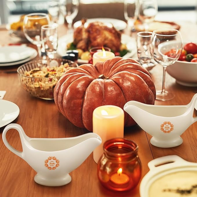 Bokon 2 Pack Thanksgiving White Gravy Boat 8 oz Sauce Boat White Ceramic Sauce Jug with Smooth Handle Creamer Pitcher for Salad Dressing Milk Broth Microwave Dishwasher Safe for Festive Gatherings