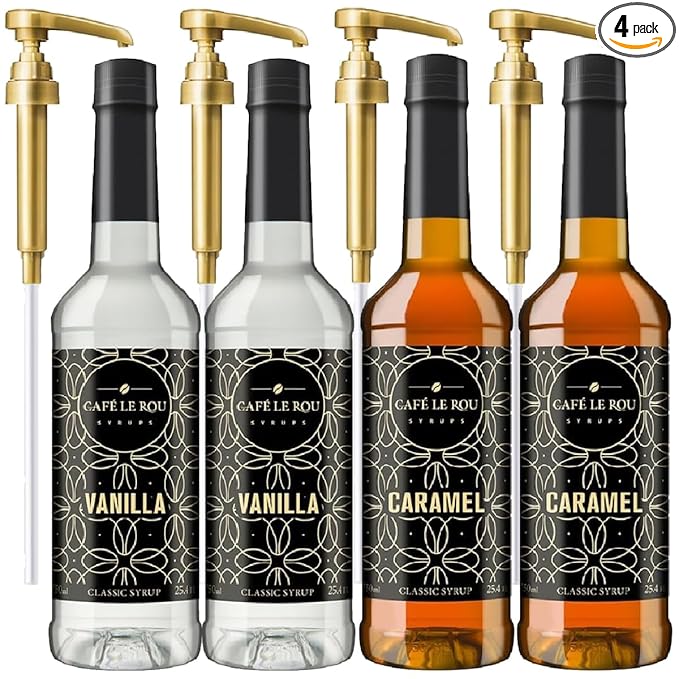 NEW Vanilla & Caramel Coffee Syrup, 2 Bottles each (25.4oz)*Includes 4 Coffee Syrup Dispensers*Flavoring Syrups for Coffee, Tea and Espresso