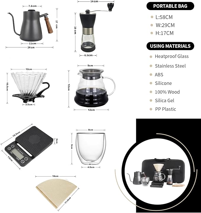 Pour Over Coffee Maker Set, Portable coffee Set - Manual Coffee Grinder, Coffee Dripper Set, Gooseneck Kettle，two cups, suitable for Camping, RV, Home, and Office