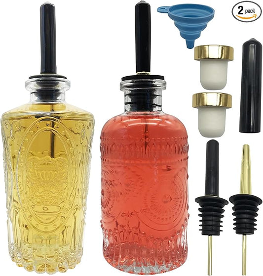 Glass Coffee Syrup Dispenser Bottles 7 OZ with Metal Pour Spout, 2-Pack Syrup Bottles Set with Funnel, Perfect for Maple, Honey Syrup, Oil, and Sauces - Coffee Bar Accessories