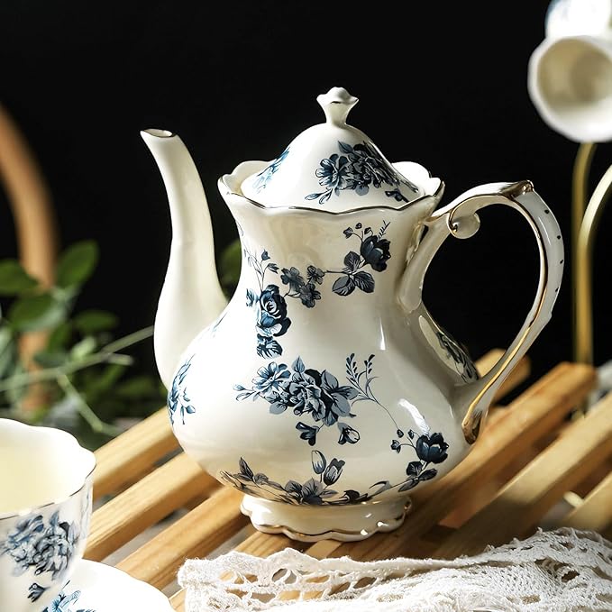 KAMMAK Teapot with Handle, Vintage Porcelain Tea Pot with Gold Trim, Blooming & Loose Leaf Teapot, Festive Holiday Serveware, Gifts for Women, Blue Flowers - 30 oz