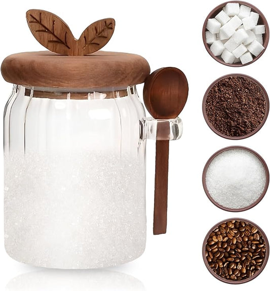 Sugar Bowl with Lid and Spoon, 20 oz Airtight Glass Canister for Brown Sugar, Coffee Bar Container | Spice, Peper, Cereal, Tea, Spice Storage Jar | Modern Decorative Dispenser with Spoon (One)