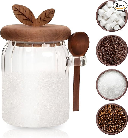 Brown Sugar Keeper Bowl with Lid and Spoon 2 Pack, 20 oz Airtight Glass Canister for Brown Sugar, Coffee Bar Container | Spice, Peper, Cereal, Tea, Spice Storage Jar | Modern Decorative