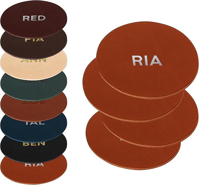 Northwind Personalized Leather Coasters – Set of 4 Full-Grain Leather 4” Circle Drink Coasters with Custom Engraved Monogram Initials – Stylish Home Décor for Weddings and Holidays