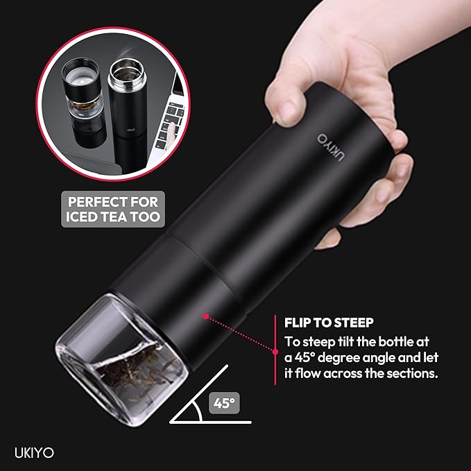 Ukiyo Steel Premium Stainless Steel and Glass Tea & Fruit Infuser Bottle - Travel Tumbler with Stainless Steel Filter