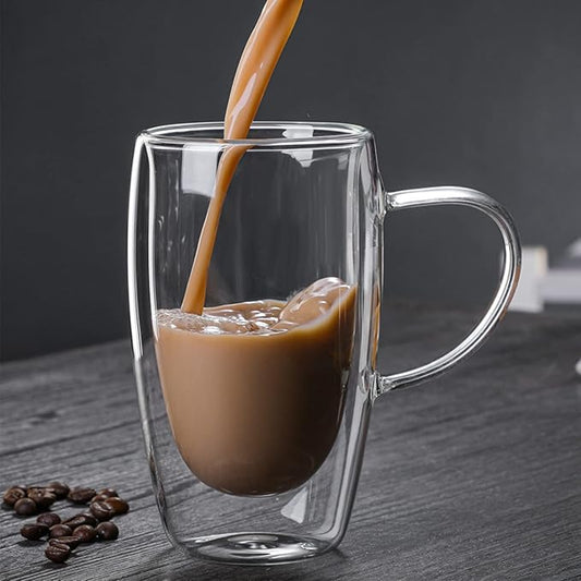 Double Wall Glass Coffee Mugs Set of 2, 15oz/440ml Insulated Glass Mugs with Handle for Hot Beverages, Large Clear Coffee Cups for Espresso, Tea, Latte, Cappuccino