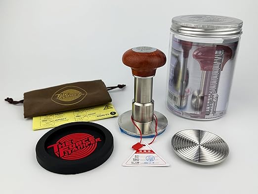 The Force Tamper Automatic Impact Adjustable Constant Pressure and Autoleveling Coffee Tamper Reddish Brown Jellyfish Wooden Handle Set Pro (Extend Set, 58.35mm)