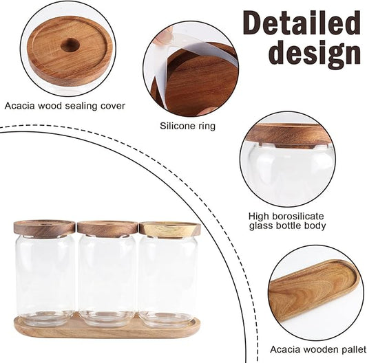 Glass Food Storage Containers with Lids, Airtight Kitchen Canister Set of 3, Pantry Organizers and Storage for Tea,Coffee,Sugar,Beans,Espresso,Rice,Flour, Cereal,Scoop,Bar Accessories,Gifts