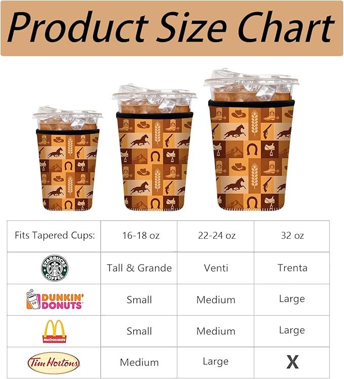 Neoprene Iced Coffee Sleeve 3 Pack, Reusable Insulated Coffee Cup Sleeves with Western Cowboy Pattern, Fits 16–32 oz Tumblers, Compatible with Starbucks & Dunkin