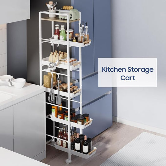 6 Tier Slim Storage Cart with Pull-Out Baskets Rolling Cart with Wheels Wood Top Narrow Utility Cart Metal Shelving Units for Pantry Laundry Room Bathroom Kitchen White 8in(W)