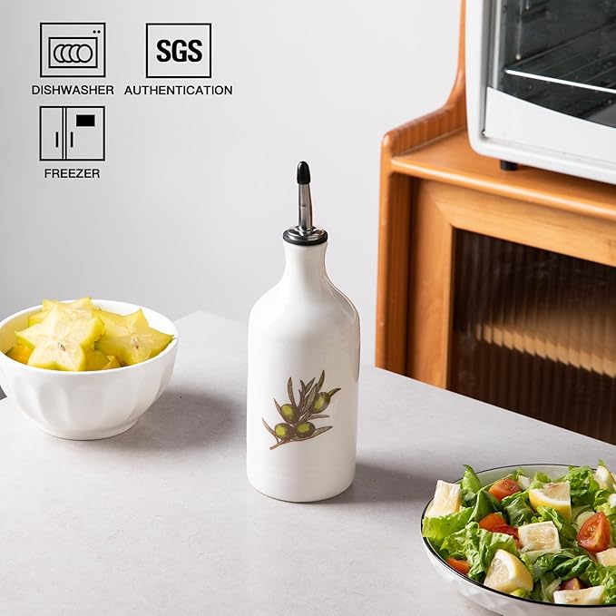 Sweejar Ceramic Olive Oil Dispenser Bottle, Opaque Oil Cruet Protects to Reduce Oxidation, Suitable for Storage Vinegar, Coffee Syrups & Other Liquids, Pack of 1, 15.5 Fl Oz(Olive Leaf White)