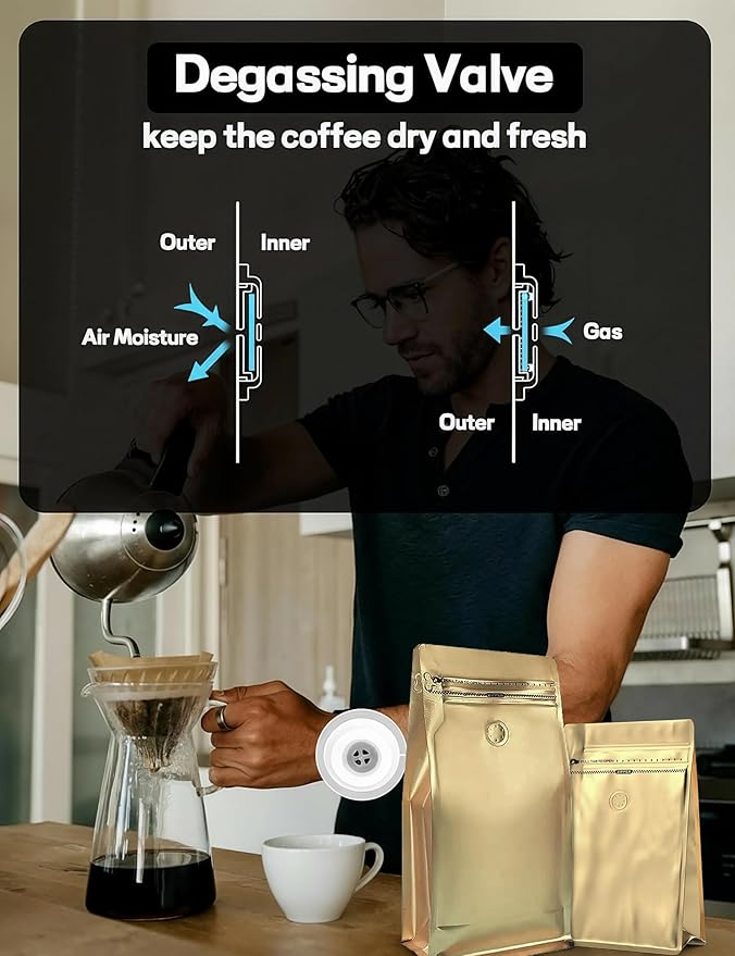 FireKylin 50 PCS Coffee Bags with Valve, (16 oz, 1 lb) Stand Up Pouches, Resealable coffee bean bags, Vented food storage bags Pull Tab Side Zipper (Gold)