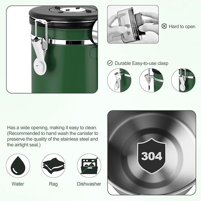 ShanSon Coffee Canister Airtight Coffee Container Stainless Steel Coffee Bean Storage Container with Scoop Coffee Canister for Beans Grounds Sugar Flour Tea Cereal,11OZ, Dark Green