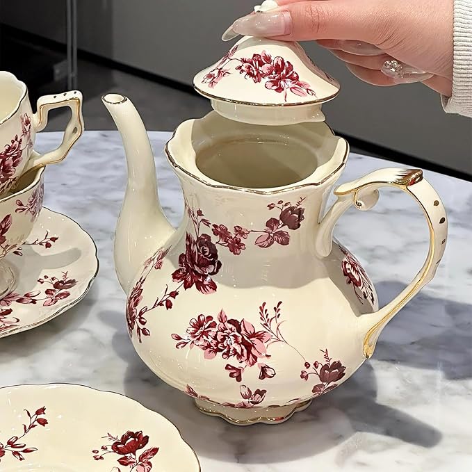 KAMMAK Teapot with Handle, Vintage Porcelain Tea Pot with Gold Trim, Blooming & Loose Leaf Teapot, Festive Holiday Serveware, Gifts for Women, Red Flowers - 30 oz
