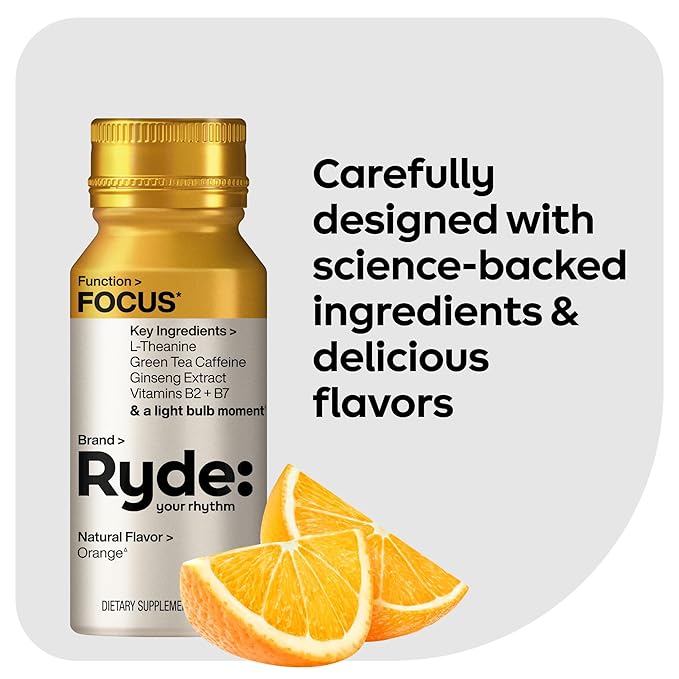 Ryde: Focus Shot | Orange Flavor | L-Theanine & Ginseng | Green Tea Caffeine | Vitamins B2 & B7 | 0 Calories, 0 Sugar | 2 FL OZ Shots | Supports Focus* (24 Pack)