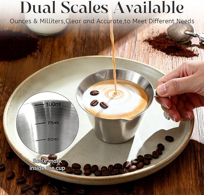 2 Pcs Stainless Steel Espresso Cups with Handle, V-Shaped Double Spout & Dual Scale, 3.4OZ/100ML Precision Measuring Shot Glasses (Silver)