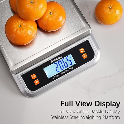 ATOGOU 66lb Food Scale, Commercial Kitchen Scale Plug-in Usable with Full View LCD Display, Stainless Steel, for Baking, Bread, Cooking, Meat, Vegetables, Farm, Industry LC200