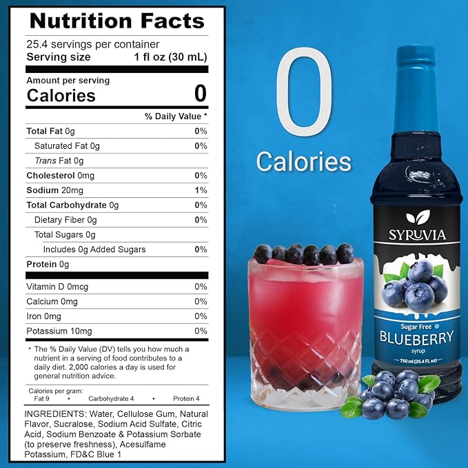 Syruvia Sugar-Free Blueberry Syrup, Flavored Syrup for Drinks, Cocktails, Lemonades, Iced Teas, and Desserts – 25.4 fl oz, With Pump