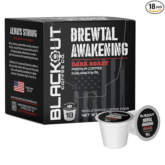 Blackout Coffee Brewtal Awakening Dark Roast Coffee – HIGH CAFFEINE, Bold & Strong, Fuel Your Mission – 18 Count Coffee Pods