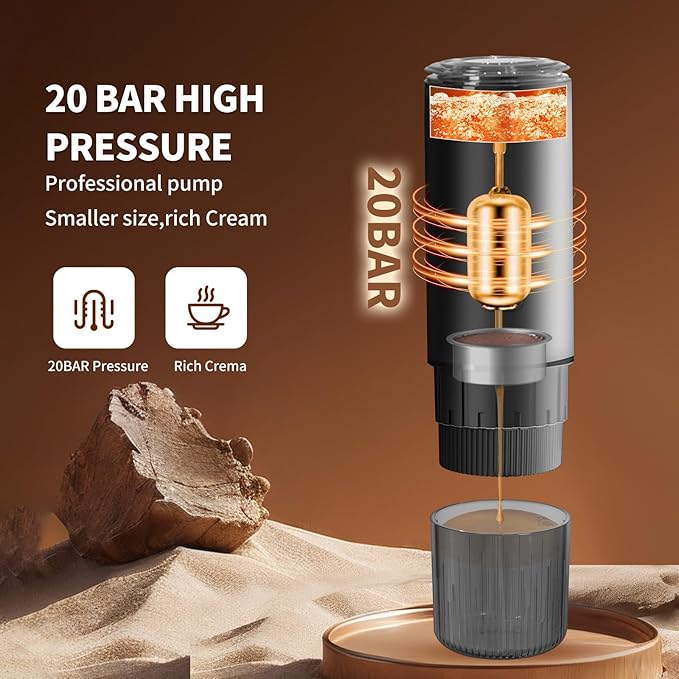 Leozora Portable Espresso Maker, 20Bar Professional Pressure, Stainless Steel Body, 7500mAh USB-C Rechargeable, 3-in-1 for Ground Coffee & Nespresso/DG Capsules, Ideal for Camping, Car, Office, Black