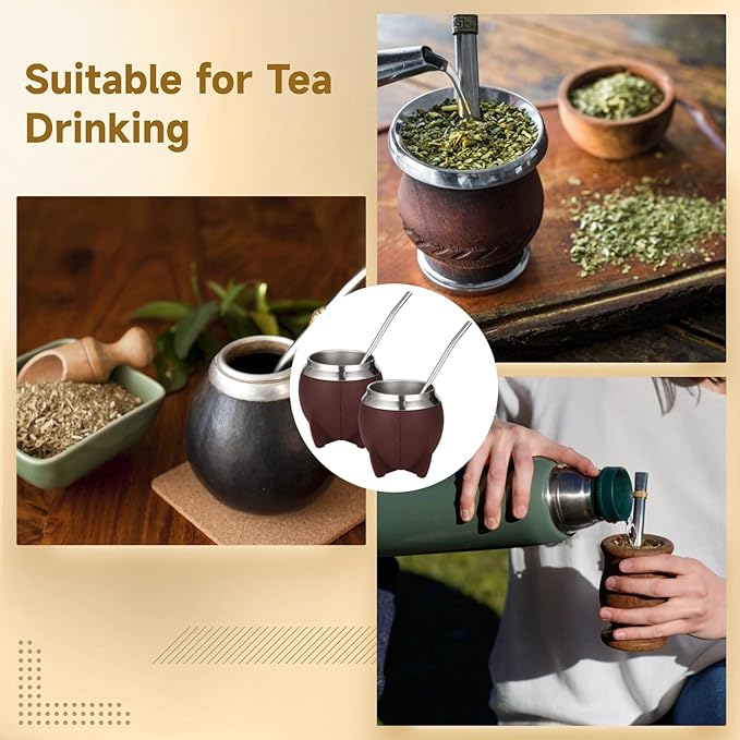 2PCS Yerba Mate Cup, 6 oz Stainless teel Mate Cup with Straw, Double Wall Vacuum Insulated Yerba Mate Gourd for Traditional Mate Tea Drinking (Brown-A)