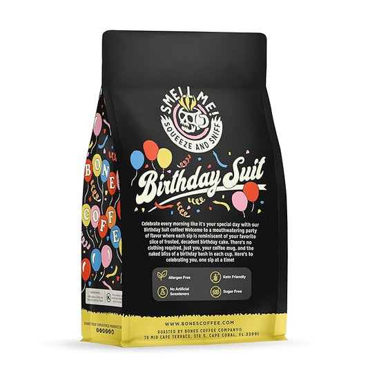 Bones Coffee Company Birthday Suit, Birthday Cake Flavored Coffee, Medium Roast Low Acid Arabica Beans Compatible with Auto drip and French Press Coffee Maker, 12 Oz Ground