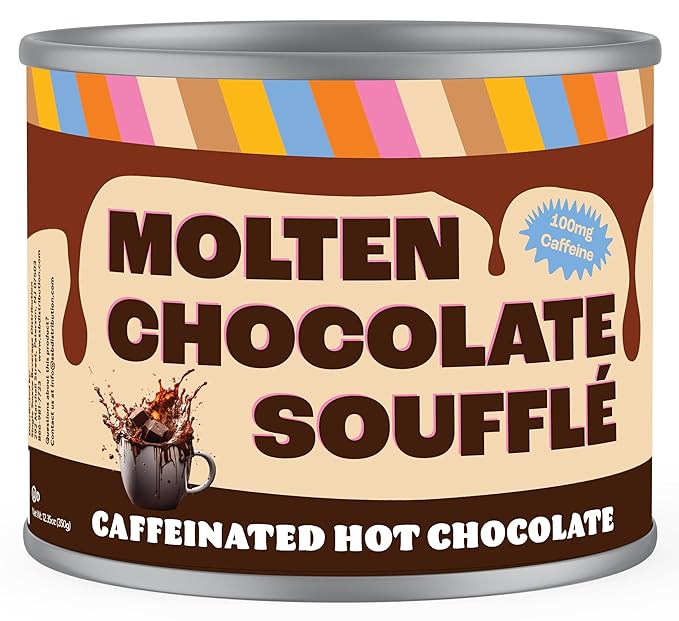 Crazy Cups Caffeinated Molten Chocolate Souffle Hot Cocoa Mix - Premium Coffee Substitute, 12 Ounce Canister for Bulk Hot Chocolate Lovers