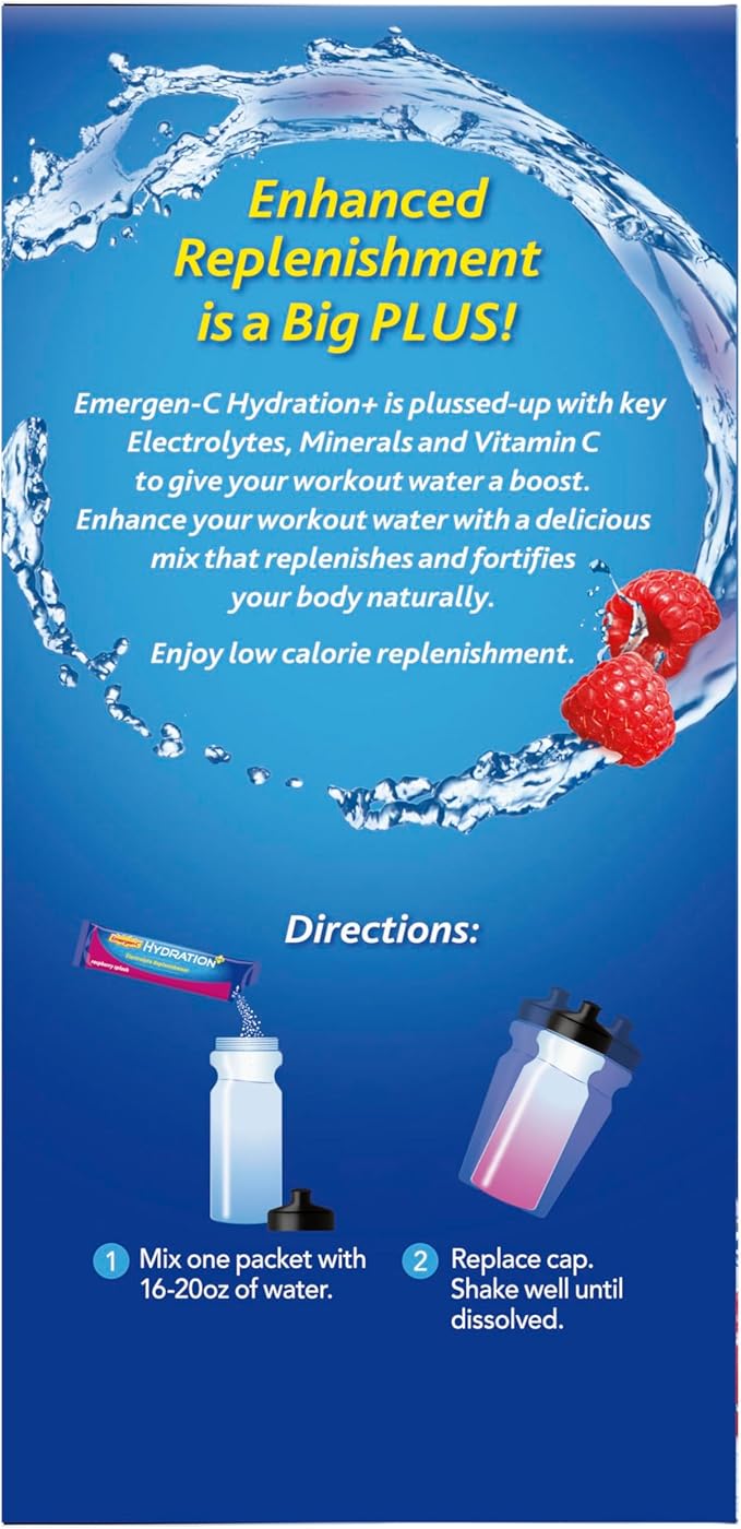 Emergen-C Hydration+ Sports Drink Mix with Vitamin C (,Raspberry Flavor),Electrolyte Replenishment,0.33 Ounce Powder Packets,(Pack of 36)