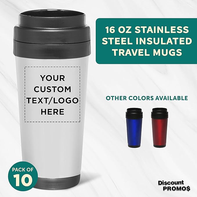 Custom Insulated Stainless Steel Travel Mugs 16 oz. Set of 10, Personalized Bulk Pack - Perfect for Iced Coffee, Soda, Other Hot & Cold Beverages - Stainless Steel