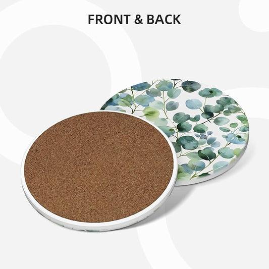 Green Eucalyptus Leaves Coasters for Drinks Absorbent Round Ceramic Coasters Set of 4 Non-Slip Cup Coaster with Cork Base for Coffee Table Drink Home Decor Tabletop Protection