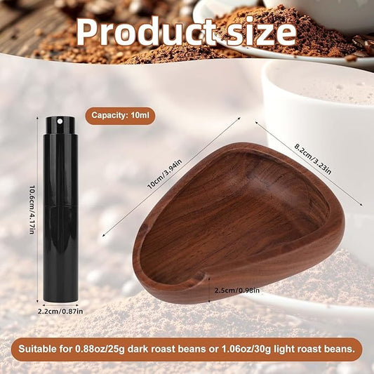Coffee Bean Dosing Cup and Spray Bottle Set, Walnut Wood Bean Measuring Tray Espresso Accessories Tools Kit with RDT Static Reduction Spray Spritzer for Coffee Lovers Gift