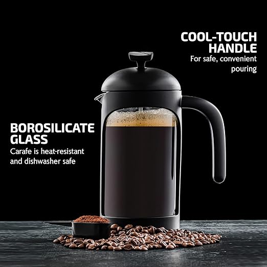 OVENTE French Press Coffee Maker 34 oz – Borosilicate Glass, 4-Level Filter, Cold Brew & Travel Ready