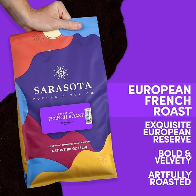 Sarasota Coffee Ground Cubano European French Roast | Dark Roast Gourmet Coffee Grounds | Low Acid, Mold Free, Specialty Grade Bulk Ground Coffee | 5lb (80 oz)