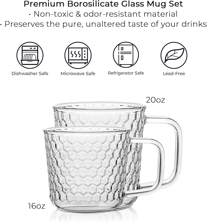 Aquach 16 Oz Glass Coffee Cups, Clear Tea Mugs with Handle, Microwave and Dishwasher Safe Home Office Drinking Mugs Perfect for Americano Cappuccino Hot&Cold Beverages, 2-Pack