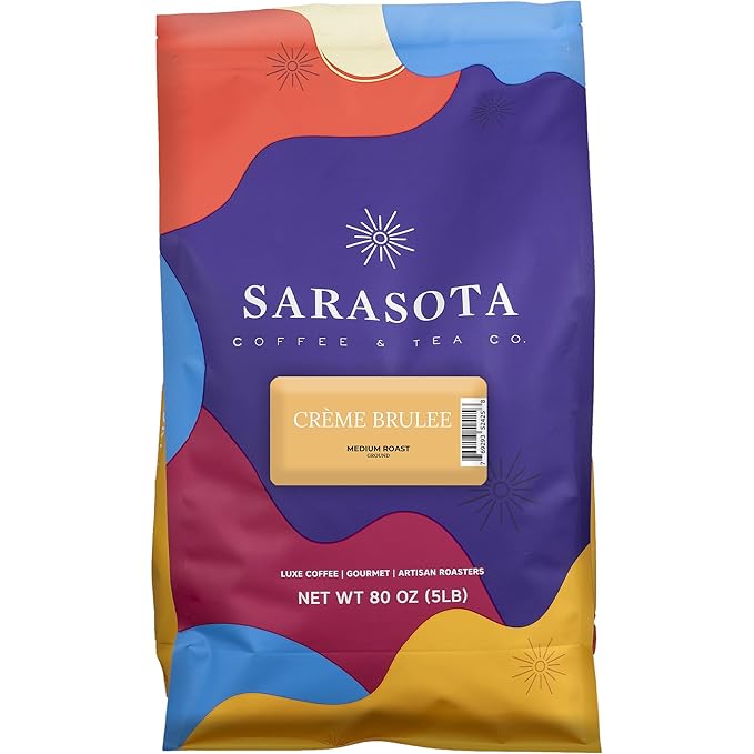 Sarasota Coffee Ground Creme Brulee | Medium Roast Gourmet Flavored Coffee Grounds | Low Acid, Mold Free, Specialty Grade Flavored Bulk Ground | 5lb (80 oz)